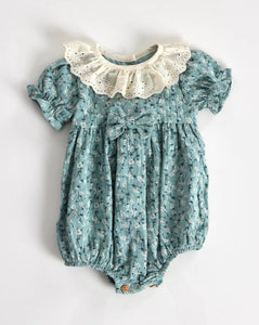 Floral green lace collar romper