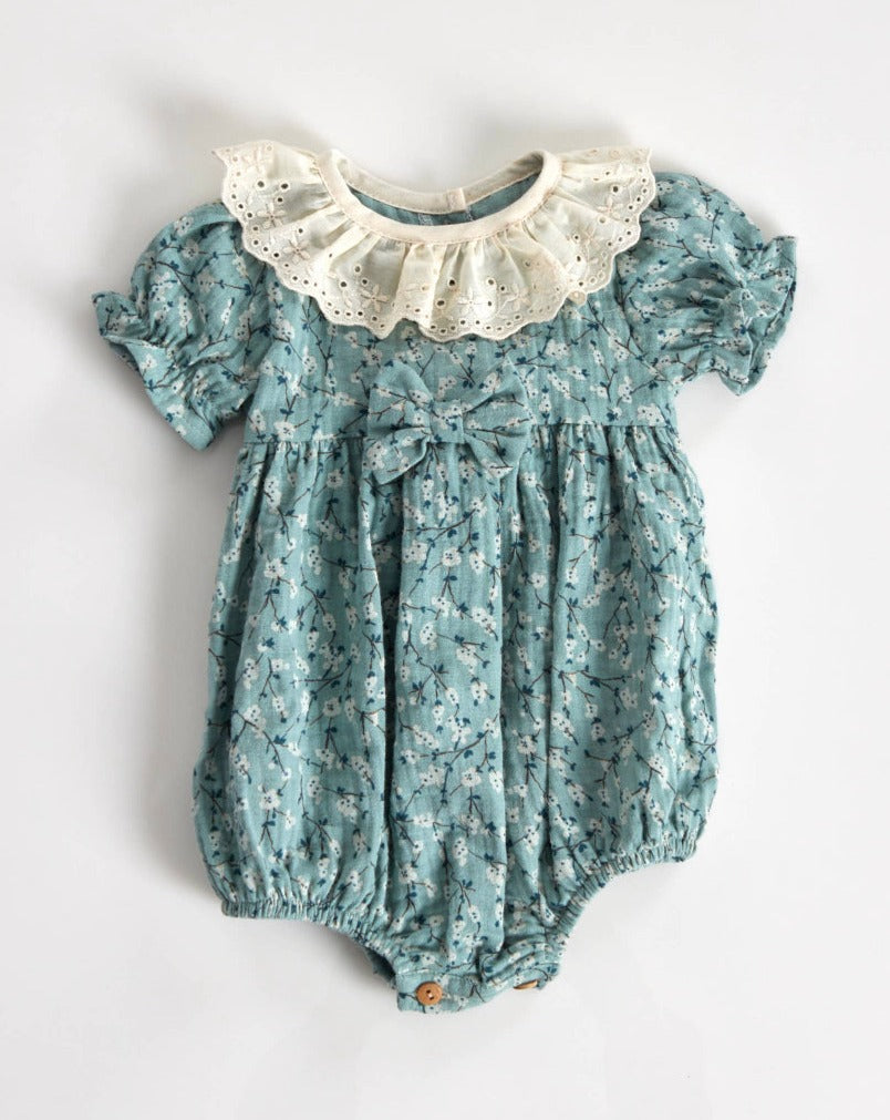Floral green lace collar romper
