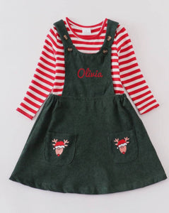 Red Stripe Deer pinafore set