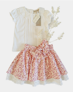 Sarah Colman - 3 Piece Frilly Collar T-Shirt, Skirt and Bow (Pink OR Cream T-Shirt)