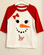 Load image into Gallery viewer, red  top with personalised snowman and red check pants 
