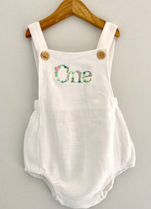 The Lily Mae - White  Birthday Dungaree Romper